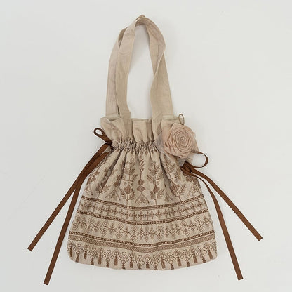 Brown / Blue Vintage Embroidery Handbag with Floral Brooch