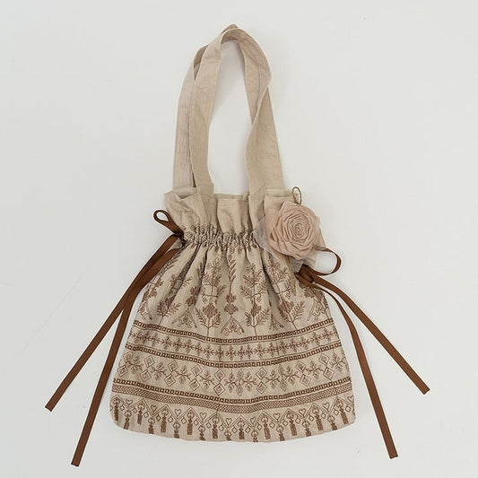 Brown / Blue Vintage Embroidery Handbag with Floral Brooch
