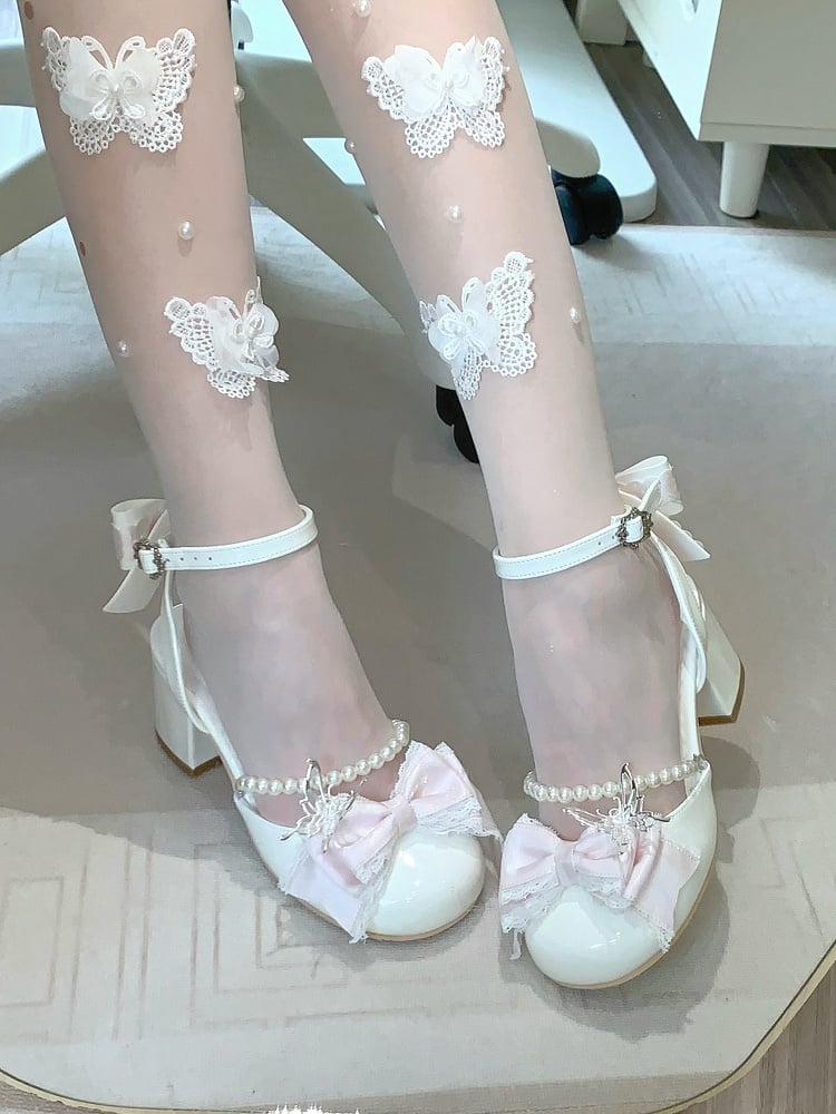 Sweet Bow Accents and Detachable Bead Chain White Lolita Mary Jane Shoes