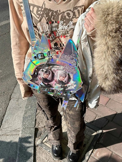 Kitty Ear Design Bowknot Studs Detail Holographic Color PU Tote Ita Bag with Free Card Holder