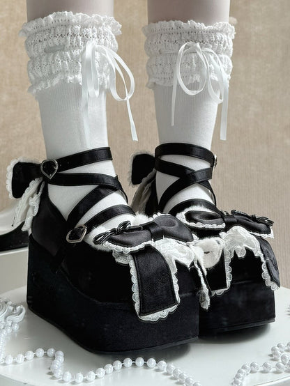 Plush Bear Ear Details, Bow Accents & Crisscross Design Satin Black Platform Shoes in Sweet Lolita