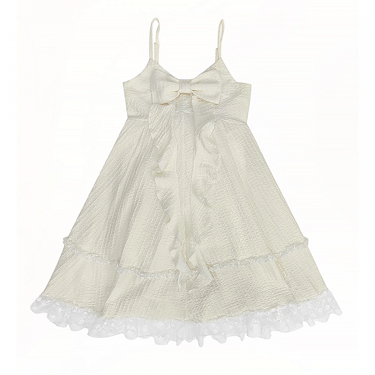 Apricot Big Bow Neckline Lace Trim Cami Dress Bubble Skirt
