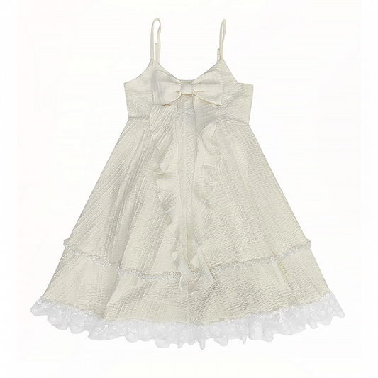 Apricot Big Bow Neckline Lace Trim Cami Dress Bubble Skirt