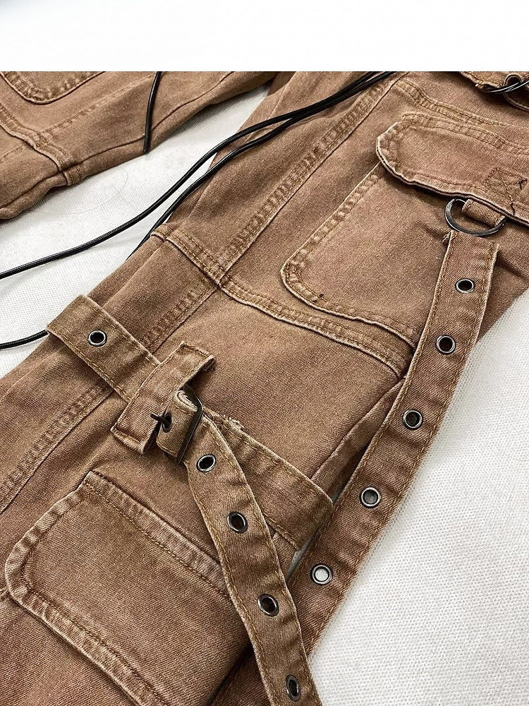 Coffee Brown Wasteland Punk Lace-up Detail Flare Silhouette Jeans