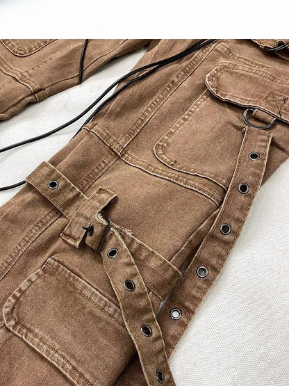 Coffee Brown Wasteland Punk Lace-up Detail Flare Silhouette Jeans