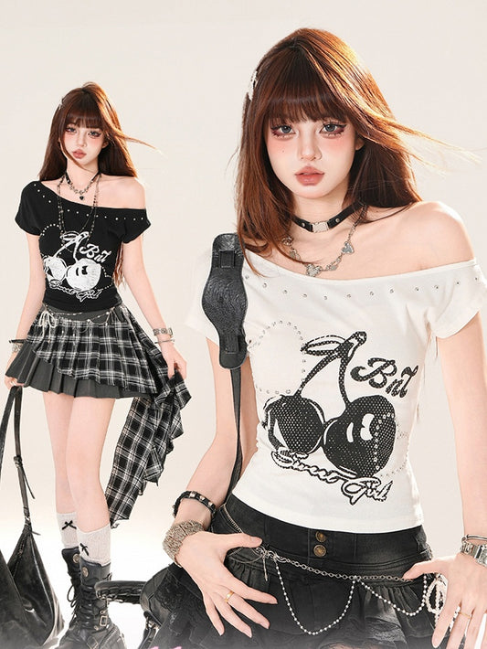 Asymmetrical Neckline Cherry Print Heart Rhinestones Black/White T-shirt
