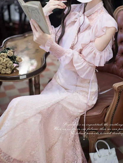 Elegant Jirai Kei Sakura Pink Blouse with Flounce Cutout Shoulders Clean & Pure Aesthetic