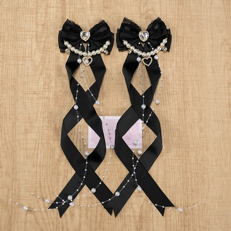 5 Colors Jirai Kei Heart Rhinestone Bow Hairclips with Beaded Chains