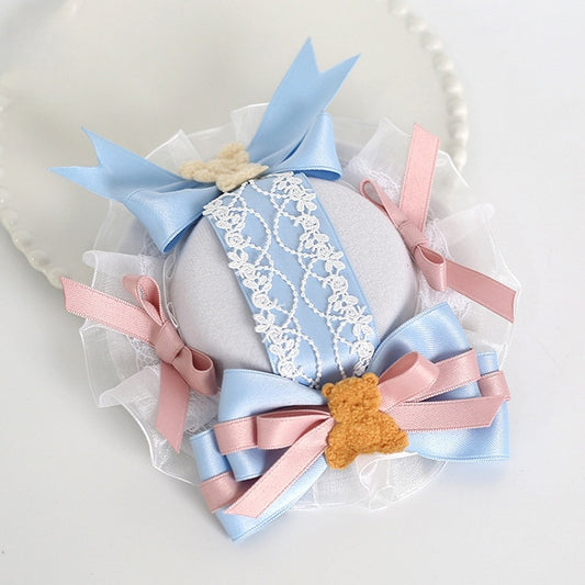 Gorgeous Lolita Pink & Blue Bowknot Lace Mini Hat With Bear Decoration