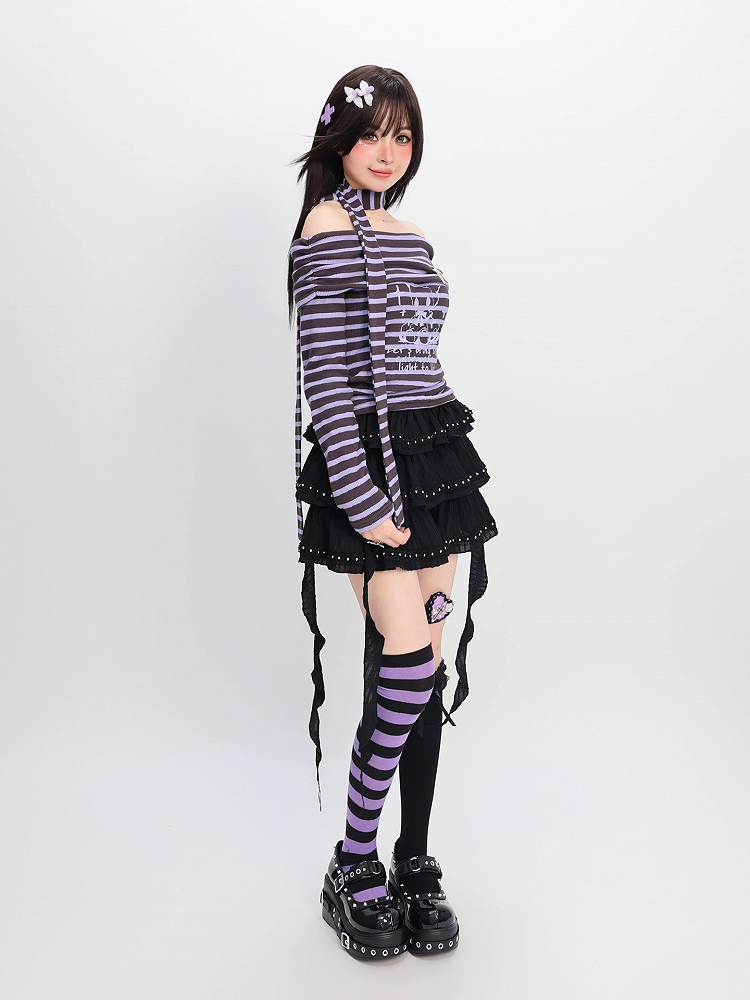 Y2K Off-the-shoulder Neckline Purple and Gray Striped Top with Free Scarf