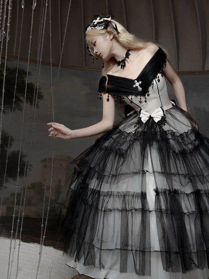 Plus Sizes Available Black Gothic Princess Off-the-shoulder Neckline Dress Black and White