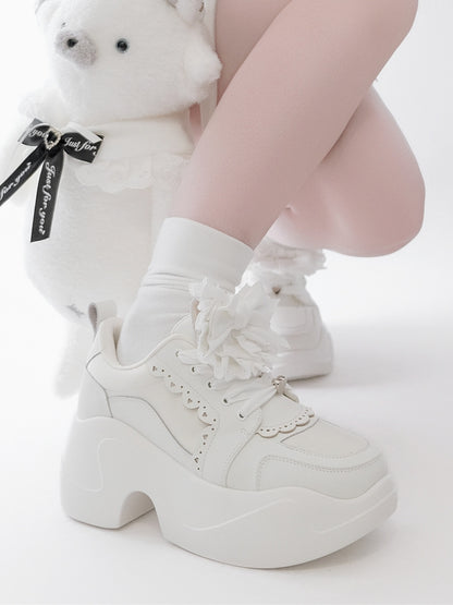 White Jirai Kei Detachable Bowknot Lace Trim Front Lace-up Ties Sneakers