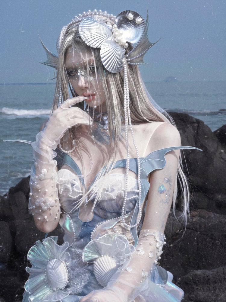 Dusty Blue Bead and Sequin Details Fairy Goth Mermaid Corset Top