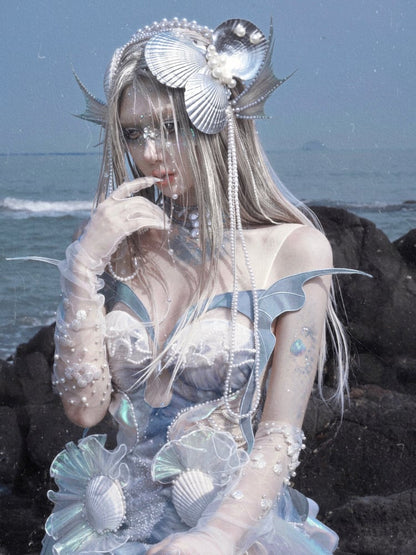 Dusty Blue Bead and Sequin Details Fairy Goth Mermaid Corset Top