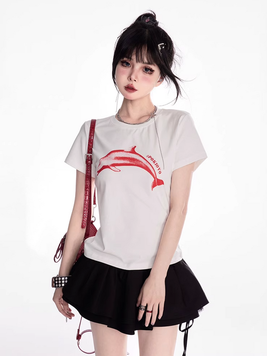 Red Dolphin Print White Round Neck Slim-fitting T-shirt