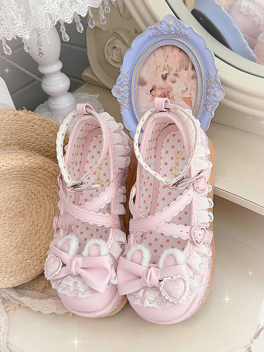 Pink Crisscross Design Bunny Ear Bow at Top Lace Trim Platforms