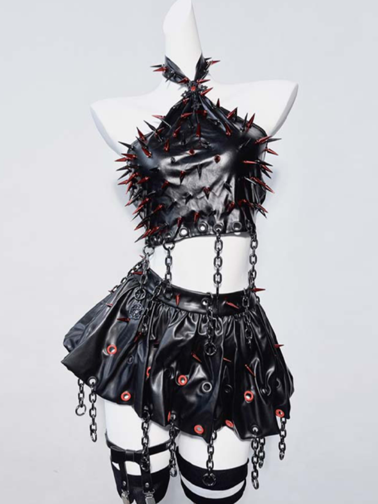 Punk Black PU Halter Neck Studs Cross Chain Design Sleeveless Top+Skirt Set
