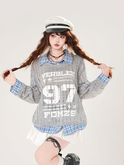 Plaid Hem Gray/White Distressed Holes Coverup Faux Two-pieces