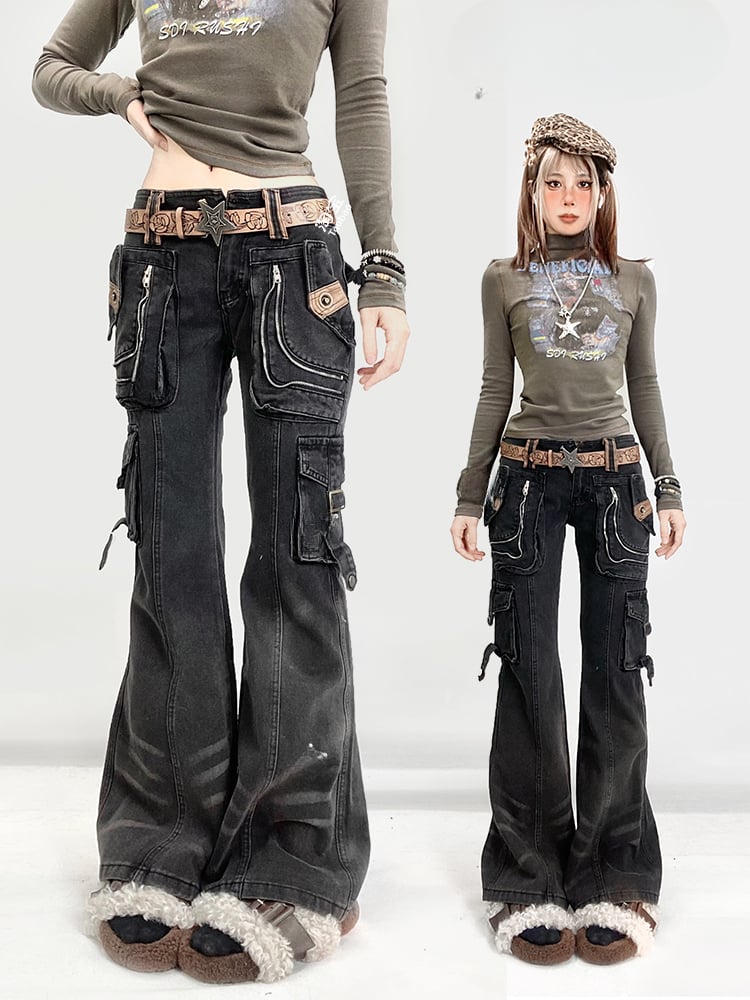 Millard Fashion Vintage Black Wasteland Punk Distressed Design Flared Jeans with Cargo Pockets