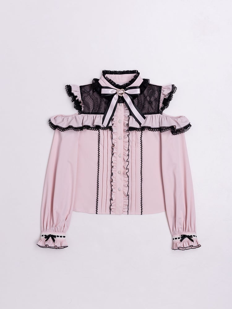 Open Shoulders and Illusion Neckline Jirai Kei Long Sleeves Pink Blouse