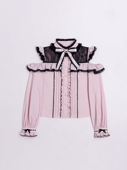 Open Shoulders and Illusion Neckline Jirai Kei Long Sleeves Pink Blouse