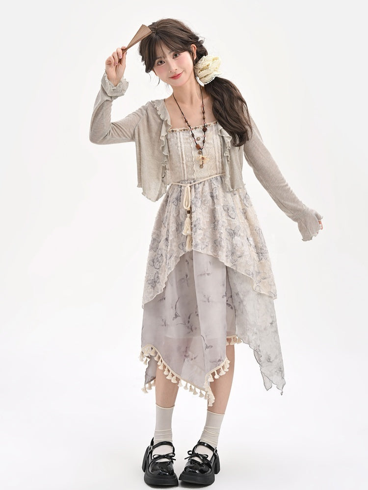 Cheongsam Style Gray Jacquard Asymmetrical Tassel Hem Mori Kei Slip Dress