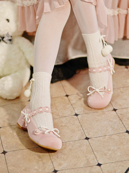 Pink Beaded Decorated Knotted Bow at Top Round Toe Lolita Shoes