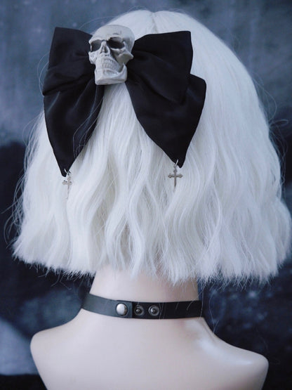 Cross Charm Gothic Black Skull Big Bow Hairclip