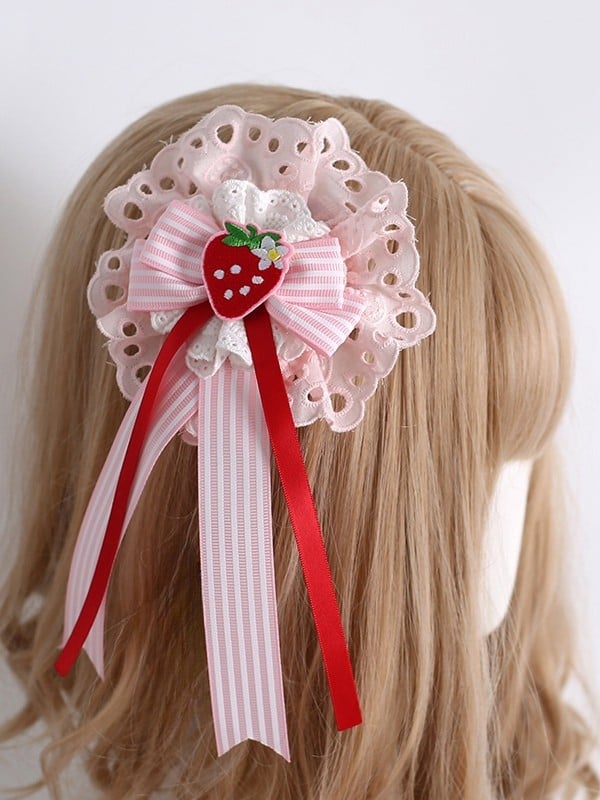 Pink Sweet Lolita Strawberry Applique Striped Pattern Bowknot Hairclip