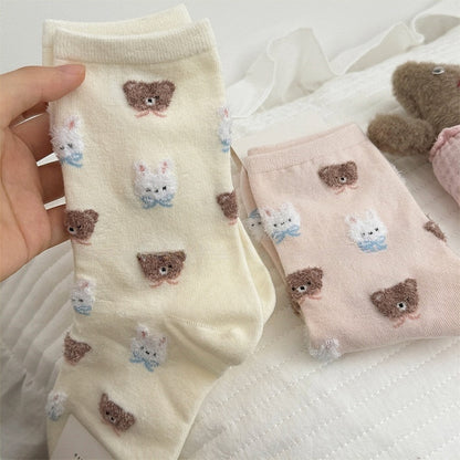Milk White/Light Pink/Light Coffee/Black Sweet Bunny Bear Bowknot Calf Socks