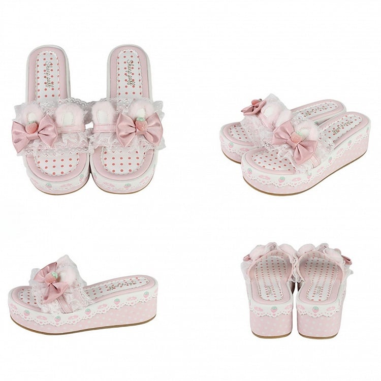 Pink Sweet Lolita Bow Accents Lace Trim Plush Bunny Ear Platform Slippers