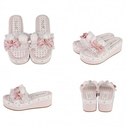 Pink Sweet Lolita Bow Accents Lace Trim Plush Bunny Ear Platform Slippers