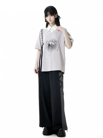 Clearance-Size S for Bust 110CM Gray Bunny Print Faux Two-pieces T-Shirt