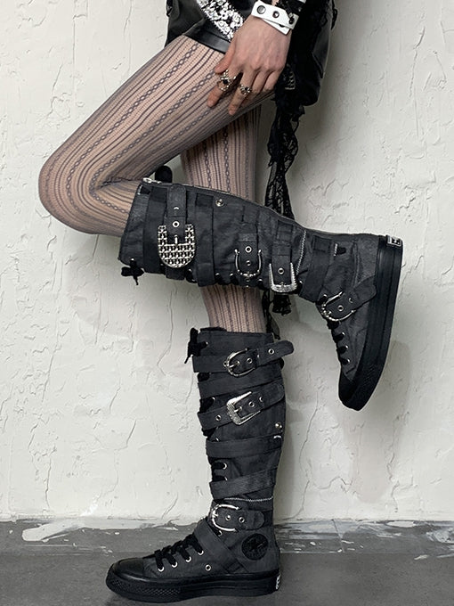 Gray Striped Pattern Hollow-out Design Y2K Tights