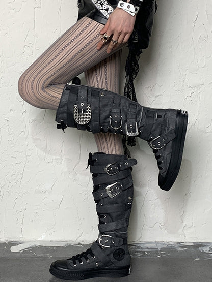 Gray Striped Pattern Hollow-out Design Y2K Tights