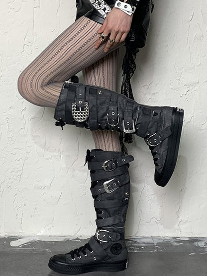 Gray Striped Pattern Hollow-out Design Y2K Tights