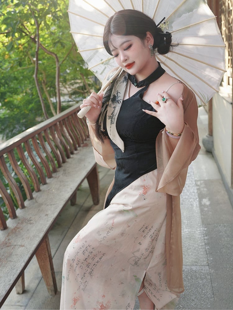 Plus Size Black and White Sleeveless Qipao Dress Side Slit