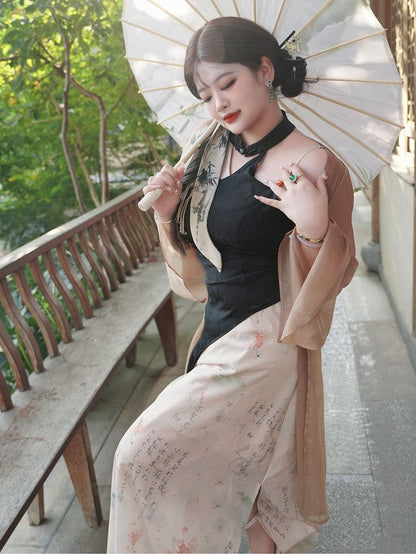 Plus Size Black and White Sleeveless Qipao Dress Side Slit