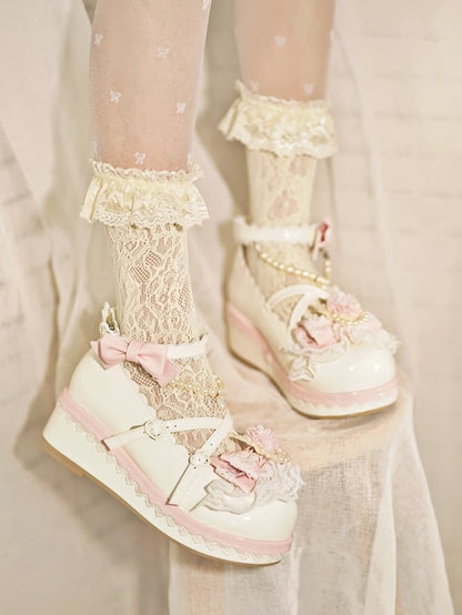 White Floral Design Bow at Top Lace Trim Heart Buckle Platforms With Detachable Beaded Chain