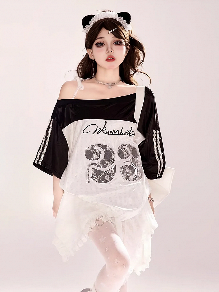 Black and White Colorblock Number Lace Applique Asymmetrical Neckline T-shirt