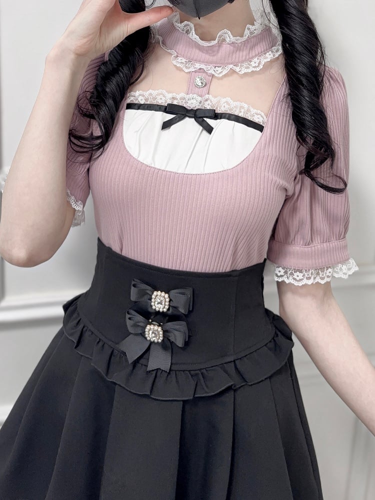 Jirai Kei Dusty Pink Banded Collar Cutout Front Short Sleeves Blouse