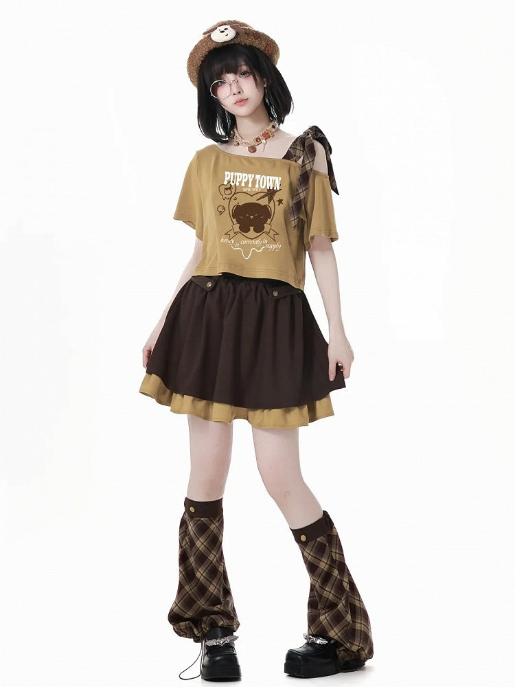 Brown Drawstring Cuffs Plaid Leg Warmers