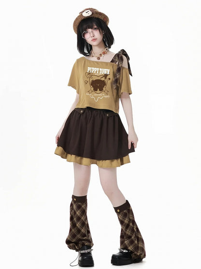 Brown Drawstring Cuffs Plaid Leg Warmers