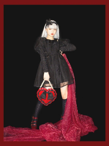 Red Heart-Shaped Lolita Bag with Black Bow & Pearl Handle