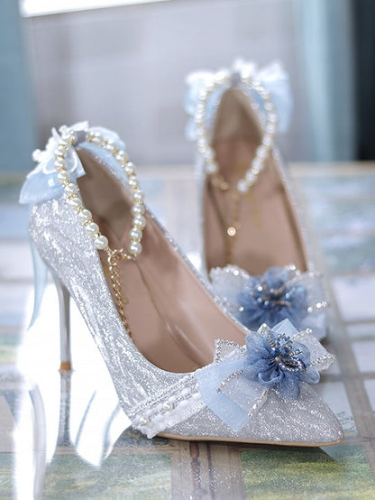 Dark Blue & Silver Glittering Floral Bownknot Detachable Beaded Chain Hime Lolita High Heels