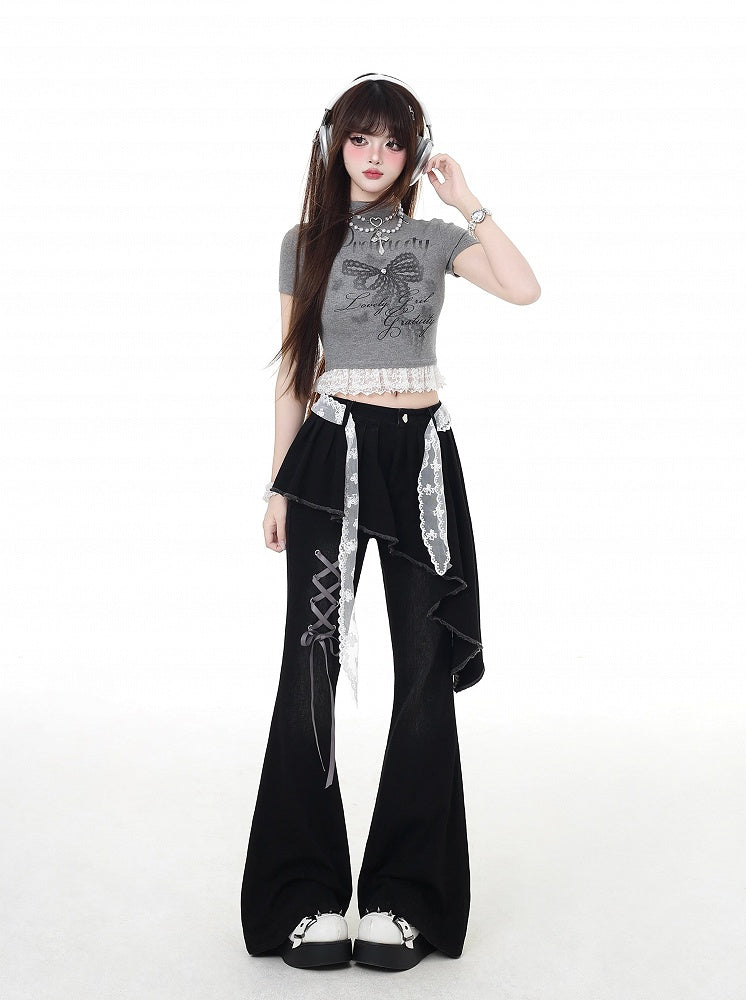 Black Asymmetrical Hem Lace-up Detail Flared Pants Faux Two-Piece with Lace Waist Belt
