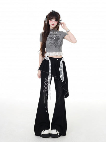 Black Asymmetrical Hem Lace-up Detail Flared Pants Faux Two-Piece with Lace Waist Belt