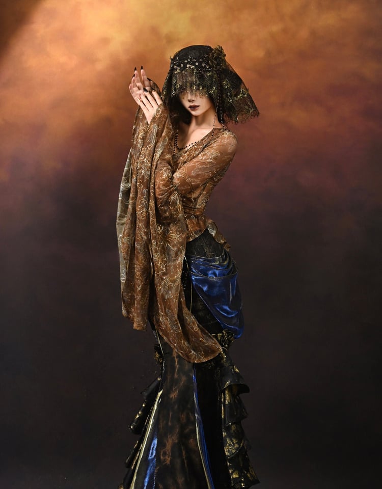 Gold V-neck Wide Flounce Sleeves Top with Removable Bead Chain on Neckline