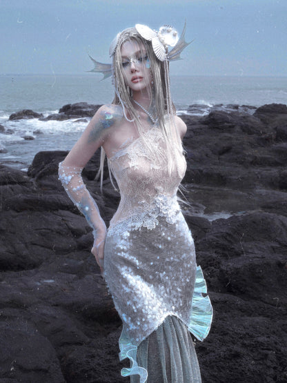 Beaded Halter Neck Shining Sequins Mermaid Dress Fairy Goth Vacation Bodycon Dress