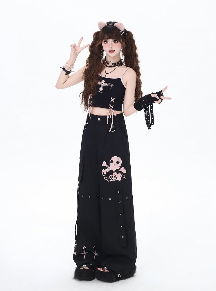 Black/Grey/Pink Skeleton and Cross Print Cargo Pockets Wide-Leg Pants